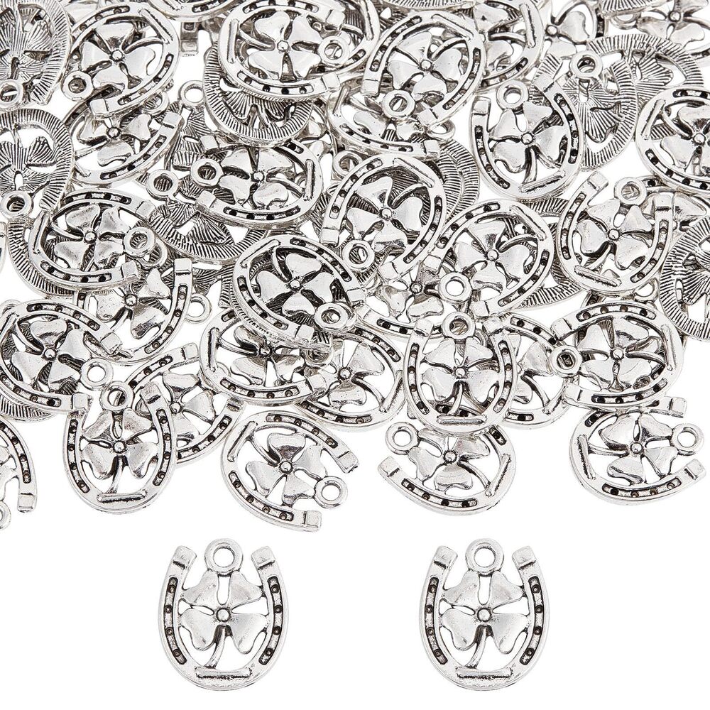 3582 1 Box 100Pcs Horseshoe Charms Four Leaf Clover Charms Horse Shoe